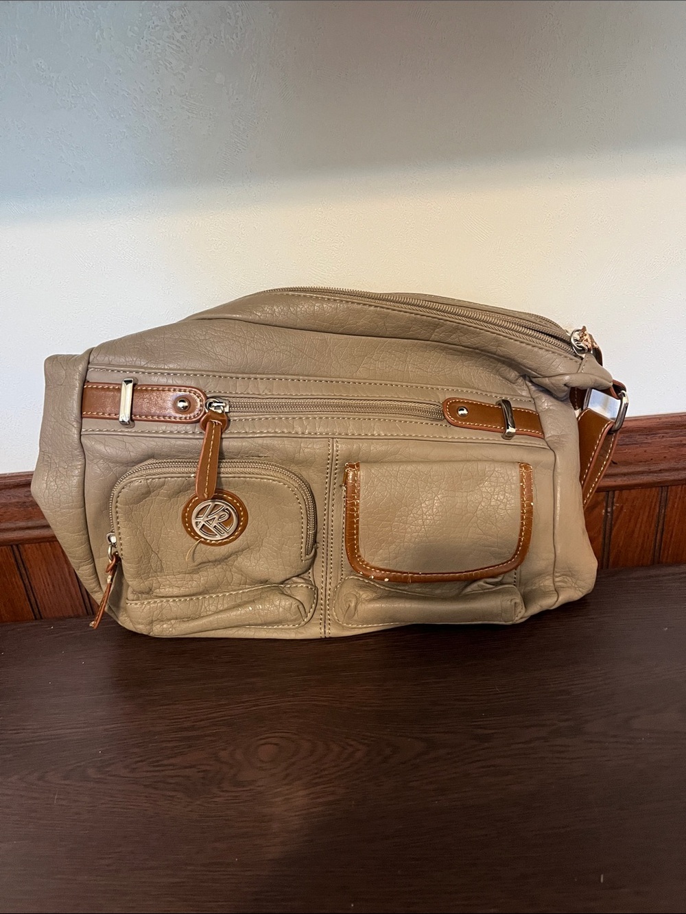 Taupe Women’s  Shoulder Bag with Brown Trim